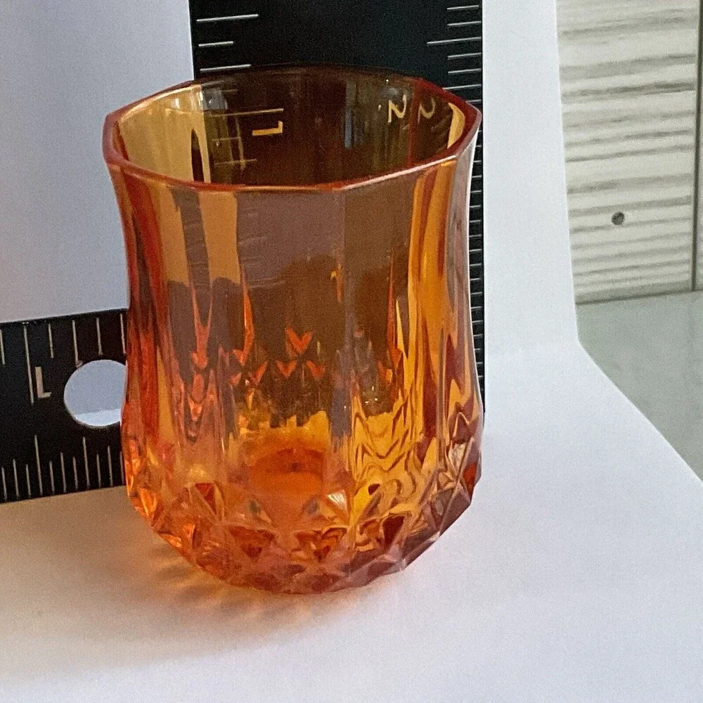 Vintage Diamond Point Faceted Shot Glasses Votive Cups Orange Black Set of 2 MCM